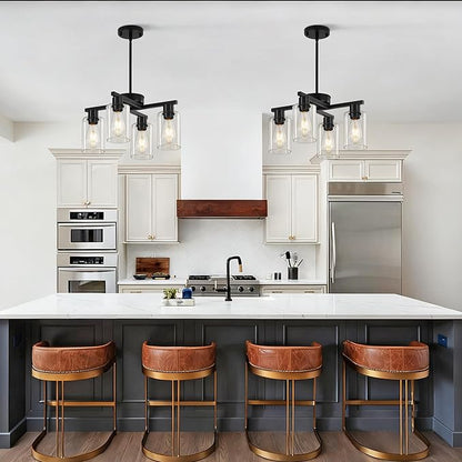 4-Light Black Modern Farmhouse Chandelier, Adjustable Height Pendant Lighting for Kitchen Island & Dining Room, Industrial Hanging Fixture with Clear Glass Shade for Entryway Foyer Bedroom