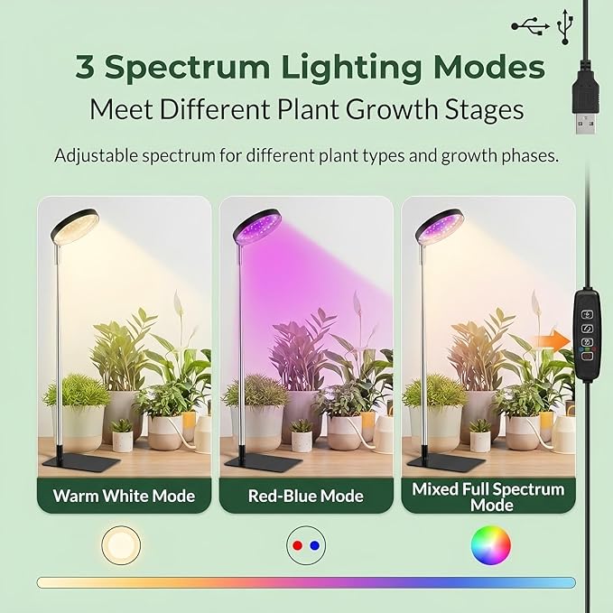 Indoor Plant Growth Lamp, Full-Spectrum 48-LED Indoor Plant Lamp, 3 Selectable Spectra, 3/9/12 Hours, 10 Brightness, Adjustable Height from 7 to 26 Inches