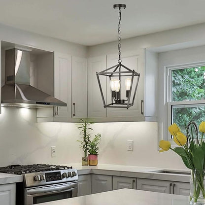 Unicozin Black Lantern Pendant Light, 3 Lights Farmhouse Chandelier Fixture with Metal Cage, Adjustable Height Industrial Hanging Lights E26 Base for Kitchen Island, Bedroom, Entryway, Foyer