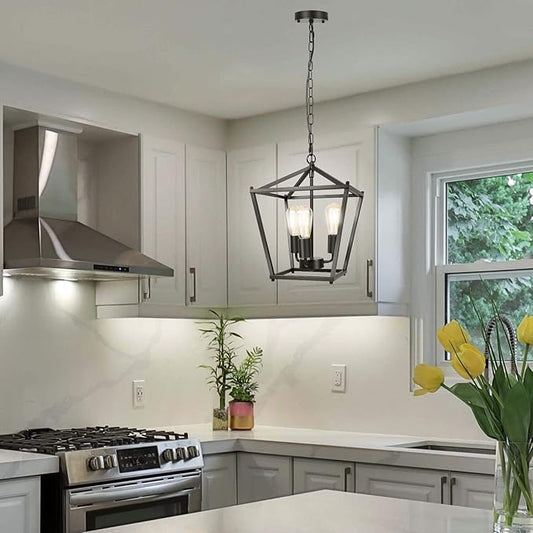 Unicozin Black Lantern Pendant Light, 3 Lights Farmhouse Chandelier Fixture with Metal Cage, Adjustable Height Industrial Hanging Lights E26 Base for Kitchen Island, Bedroom, Entryway, Foyer