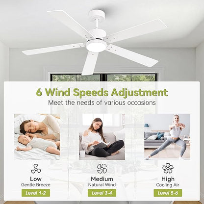 Ceiling Fans with Lights and Remote - 52 Inch Modern Cooling Fan with Noiseless Reversible DC Motor Timer White Ceiling Fan for Bedroom Living Room Dining room
