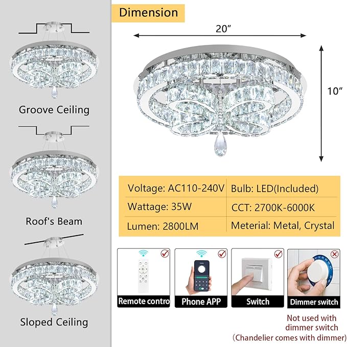 Modern Crystal Chandelier LED 2-Tier Flush Mount Ceiling Lighting Dimmable Pendant Light for Living Room Bedroom Dining Room Entryway Hallway