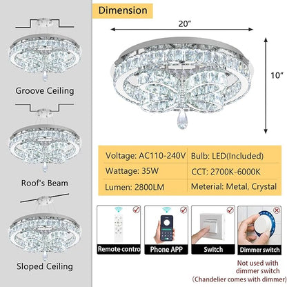 Modern Crystal Chandelier LED 2-Tier Flush Mount Ceiling Lighting Dimmable Pendant Light for Living Room Bedroom Dining Room Entryway Hallway