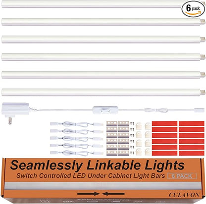 Under Cabinet Lights, Plug in, Seamlessly Linkable 12 Inch, 6 Bars+Switch+Extensions, Under Counter Lighting for Kitchen, Closet, Gun Safe, Shelf, Display Case, LED 3000k Warm White