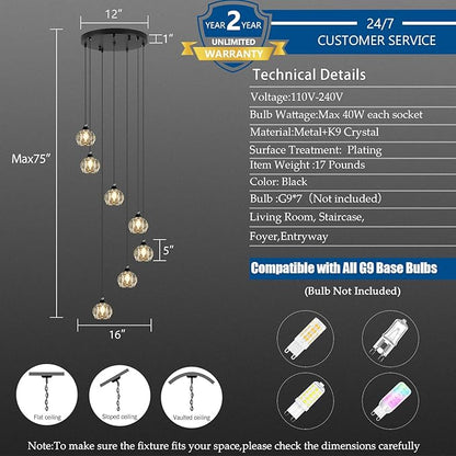 Weesalife Crystal Chandeliers for Staircases, 7-Light Black Modern Chandeliers for High Ceilings，Crystal Pendant Light Fixture for Living Room Kitchen Island Foyer Hallway Bar