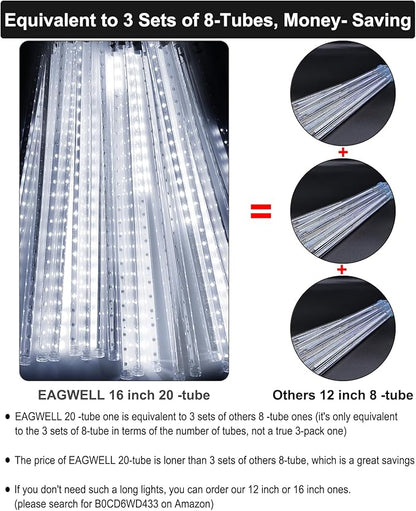 EAGWELL Christmas Lights Outdoor 16 Inch 20 Tubes Meteor Shower Rain Light, Waterproof Falling Icicle String Lighting for Xmas Tree Yard House Decor,Shine White