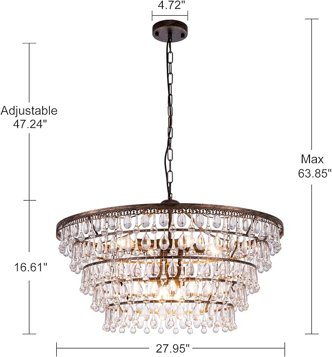 Wellmet Crystal Chandelier Farmhouse 5 Tiers Crystal Light Fixtures Hanging Modern Bronze Ceiling Pendant Light, Chandeliers for Dining Room, Kitchen Island, Bedroom, Foyer, Entryway, Bar, W28-inch