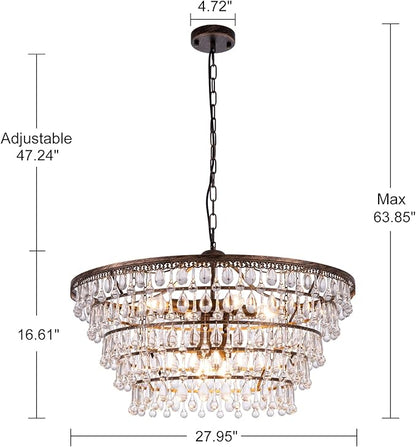 Wellmet Crystal Chandelier Farmhouse 5 Tiers Crystal Light Fixtures Hanging Modern Bronze Ceiling Pendant Light, Chandeliers for Dining Room, Kitchen Island, Bedroom, Foyer, Entryway, Bar, W28-inch