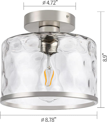 Zlepmlla Modern Semi Flush Mount Ceiling Light with Industrial Clear Hammered Glass Lampshade, Farmhouse Ceiling Lights fixtures in Satin Nickel for Hallway Kitchen Bathroom Bedroom