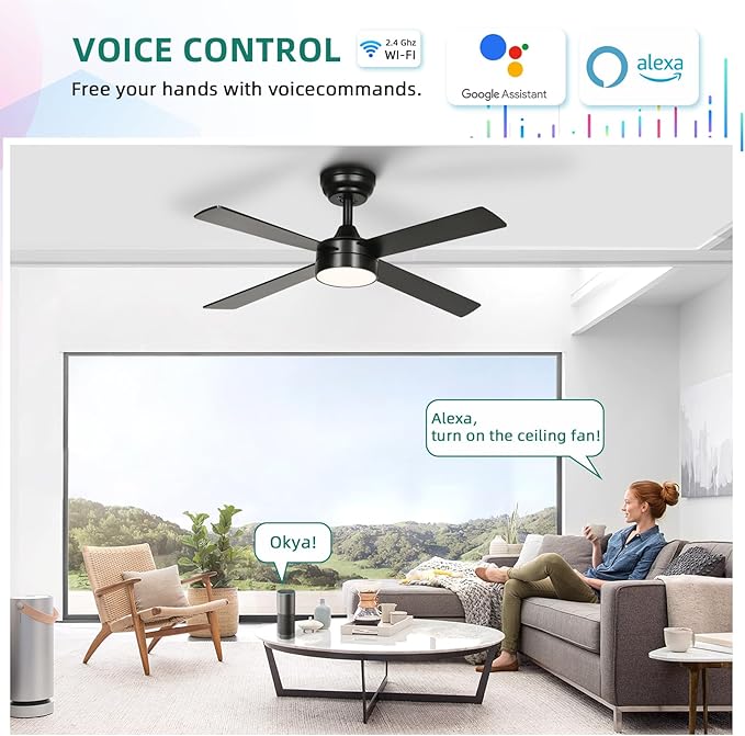 YITAHOME 48 Inch Black Ceiling Fan with Lights and Remote,4 Blades, App Control, Modern Smart Ceiling Fan Compatible with Alexa for Indoor, Reversible Quiet Motor, Memory Function