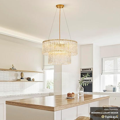 20" Crystal Chandelier Modern Gold Glass Chandeliers 2-Tier Round Elegant Luxury Lighting 6-Light Drum Crystal Chandelier for Dining Room Kitchen Restaurant Foyer Bedroom Living Room