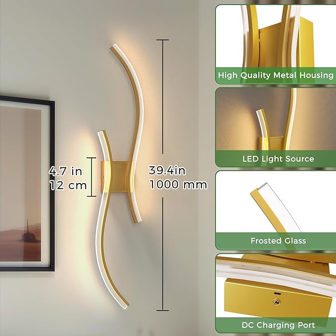 DORESshop Battery Operated Wall Sconces Set of 2, Acrylic Modern Wireless Rechargeable Wall Lights with Dimming, 3000K-6000K, 8000mAh, Sconce Wall Decor for Living Room, Hallway, Bedroom, Gold, 39in