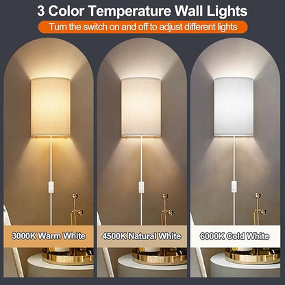 Plug in Wall Sconces Set of Two: Wall Lights with On/Off Switch - Stepless Color Temperature Wall Mount Lamps - Fabric Linen Wall Sconce for Bedroom Living Room & Hallway- Indoor Corded Wall Sconces
