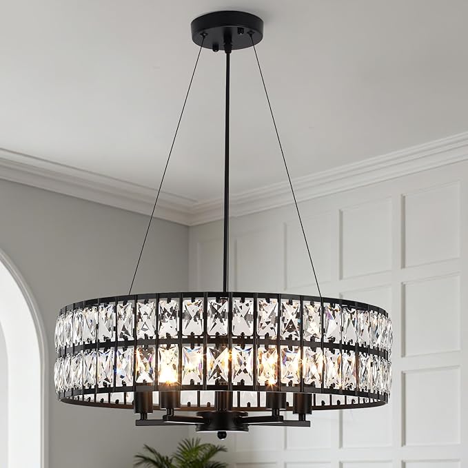 Modern Black Crystal Chandelier, 5-Light Round Crystal Chandeliers for Dining Room, 20" Contemporary Chandelier for Entryway, Living Room, Bedroom, Kitchen, Foyer Hanging Ceiling Lighting Fixtures