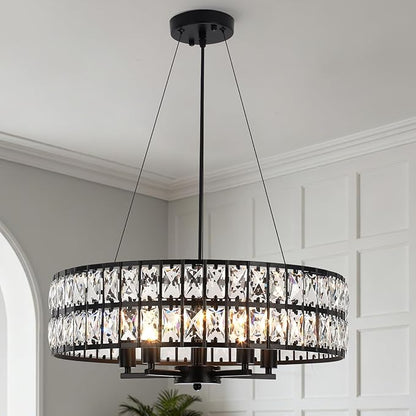 Modern Black Crystal Chandelier, 5-Light Round Crystal Chandeliers for Dining Room, 20" Contemporary Chandelier for Entryway, Living Room, Bedroom, Kitchen, Foyer Hanging Ceiling Lighting Fixtures