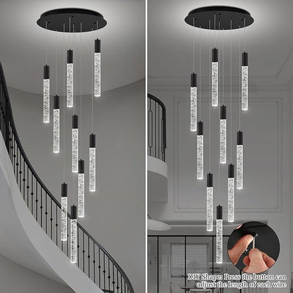 Modern High Ceiling Crystal Chandelier 9-Lights, Spiral LED Raindrop Foyer Pendant Lighting, Bubble Staircase Living Room Hanging Light Fixture Flush Mount Black