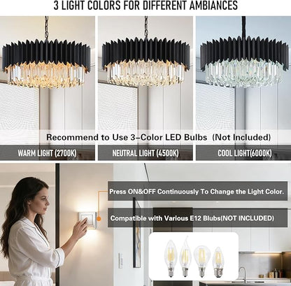 Black Crystal Chandelier 23.62'' K9 Crystal Round Pendant Lights Adjustable 5-Tier Large Modern Crystal Chandelier for Dining Room Living Room Kitchen Island Bedroom Foyer Entryway