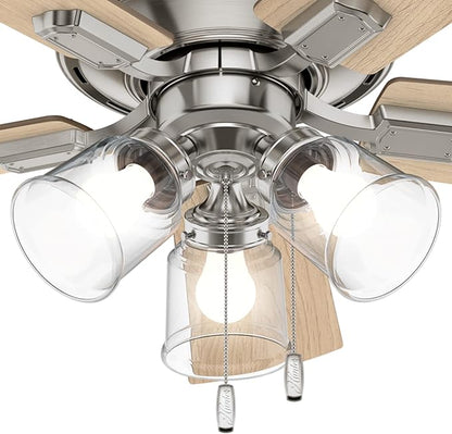 Hunter 42 inch Indoor Ceiling Fan with LED Lights and Pull Chain - Low Profile Flush Mount Ceiling Fan, 5 Blades, For Bedroom, Living Room, or Kitchen, Quiet - Crestfield 52154, Brushed Nickel