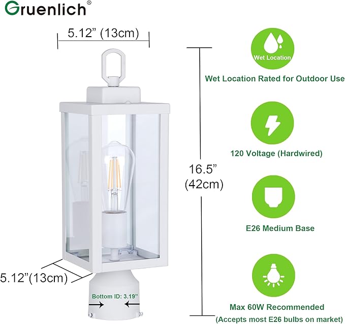 GRUENLICH Outdoor Post Lighting Fixture Pole Lantern, E26 Medium Base Max 60W, Metal Housing Plus Glass, Matte White Finish, Bulb Not Included, 1 Pack