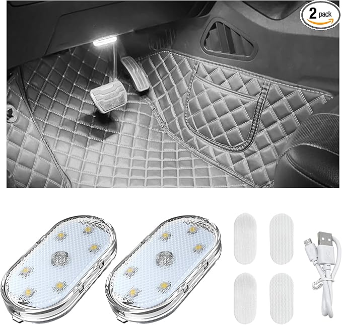 Wevdn 2 PCS Car LED Lights Interior Wireless, Sticky Car Ambient Lighting with 6 Bright LED Lamp Beads, Portable USB Rechargeable Vehicle Interior Led Night Light for Car (White)