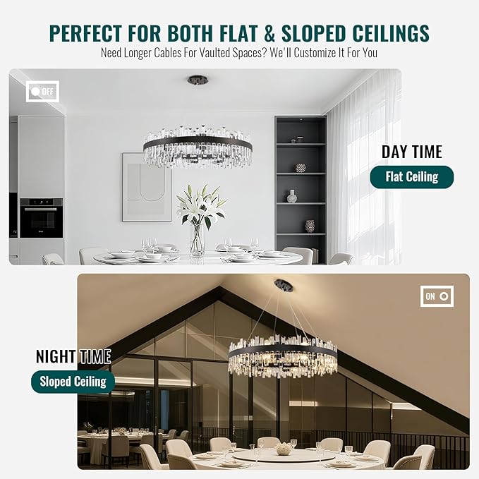 Siljoy Modern Crystal Chandelier Farmhouse Black Round 2-Tiers K9 Crystal Raindrop Chandelier Adjustable Flush Mount Crystal Ceiling Light for Dining Living Room Entryway Foyer E12x20, D39.4''