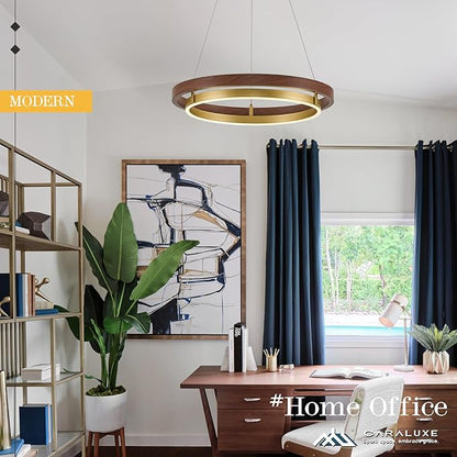 LED Ring Chandelier Dimmable Gold Chandelier Round Foyer Chandeliers Light Mahogany Wood Printed Circular Chandeliers for Dining Room Entry Bedroom Office Living Room, 24in