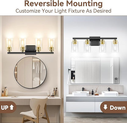 4-Light Bathroom Light Fixtures, 27" Modern Vanity Lights Over Mirror with Clear Glass Shades, Black & Gold Wall Sconce, Classic Wall Light Fixture for Mirror Living Room Cabinet Bedroom Porch Kitchen