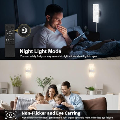GOODATE Plug in Wall Sconces with Adjustable 3000K-6500K Colors & 10%-100% Brightness, Sconces Wall Decor Set of 2 with Remote Control, 12W Acrylic LED Plug in Wall Light (1 Pack, Corrugated Finish)