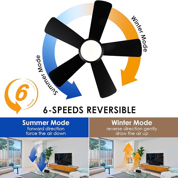 Hounberi 40 Inch Flush Mount Ceiling Fan with Lights and Remote, Modern Quiet DC Motor Low Profile Ceiling Fan for Low Ceilings, 5 Reversible Blades, 6 Speeds Dimmable, Indoor Outdoor Bedroom, Black