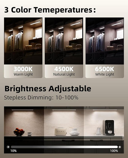 6Pack 16inch Under Cabinet Lighting, Rechargeable Motion Sensor Light Wireless Indoor, Dimmable 3 Color Temps Closet Lights with Remote, Under Counter LED Lights for Kitchen, Stairs