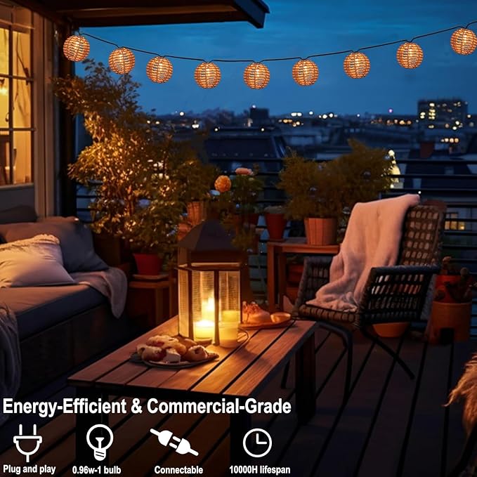 TWINKVILLA Decorative String Lights Plug in with 10 Incandescent Bulbs, Natural Rattan Globe Boho Lantern String Lights Connectable Weatherproof Outdoor Indoor for Bedroom Patio Pergola Decor