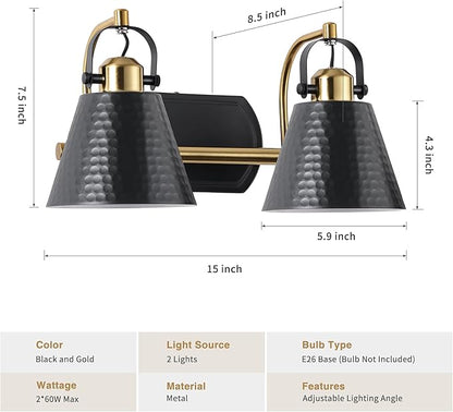 2-Lights Black and Gold Vanity Light, Farmhouse Vanity Light with Rotatable Hammered Shade, Bathroom Light Fixtures Over Mirror, Modern Wall Sconces for Bath Mirror Bedroom Living Room Stair Hallway