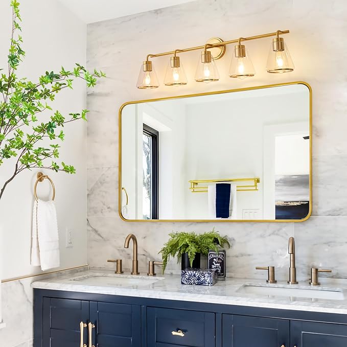 Gold Vanity Light 5 Lights 38.5" Large Vanity Lights for Bathroom, Wall Sconces Light with Clear Glass Shade, Light Fixtures for Bathroom, Living Room, Kitchen, Bedroom, E26 Base