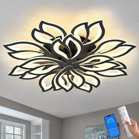 Modern Black Flower Ceiling Light Fixture, 30 Inch Dimmable Flush Mount with 12 Leaves, Low Profile for Living Room, Dining Room, Bedroom