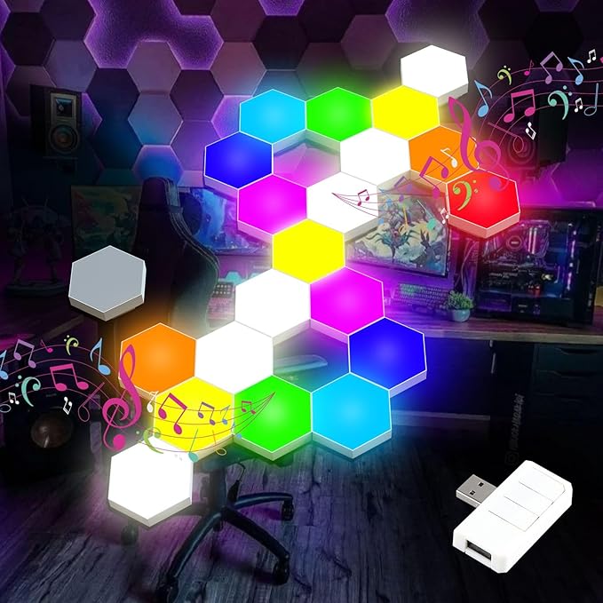 Vcwtty Music Sync Hexagon Lights, Smart LED Wall Lights 10 Pack, 13 Colors Modular Assembled RGB Wall Panels, Hex Light with USB-Power for Autism, Game Room Decor, Party(10 Pack)