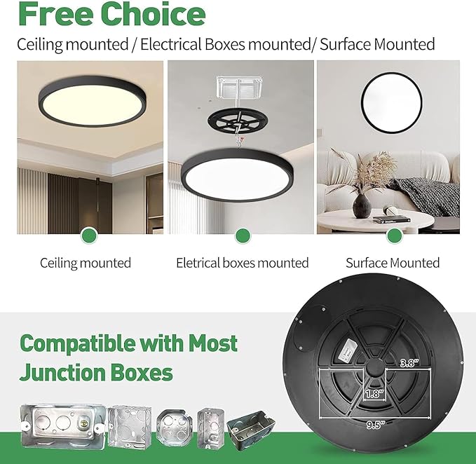 15.8 Inch Dimmable LED Flush Mount Ceiling Light, 32W, 3480LM, 3000K/3700K/4000K/5000K/6000K, Round Flat Panel Low Profile Ceiling Light Fitures for Hallway, Kitchen, Bedroom, 1PK Black
