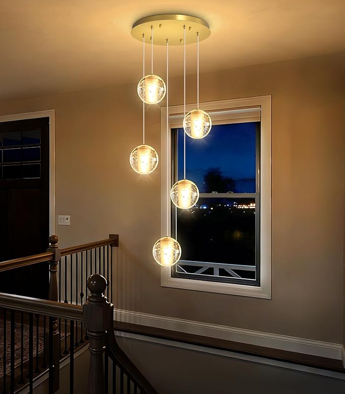 HAIXIANG 5 Lights Globe Chandelier Modern Crystal Glam Light LED Warm Light Pendant Lights for Dining Room Kitchen Island Antique Gold Lighting Fixture