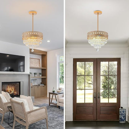 Modern Crystal Chandelier, Farmhouse Ceiling Light, Flush Mount Light Fixture,11.8W x 9H inches, 4-Layer K9 Crystal, Indoor Ceiling Light Pendant for Bedroom, Hallway, Closet (Gilded Antique)