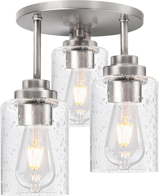hykolity 3-Light Semi Flush Mount Ceiling Light, 9 Inch Brush Nickel Close to Ceiling Light Fixtures with Seeded Glass Shades, Modern Ceiling Lighting for Kitchen, Bedroom, Entryway, ETL Listed