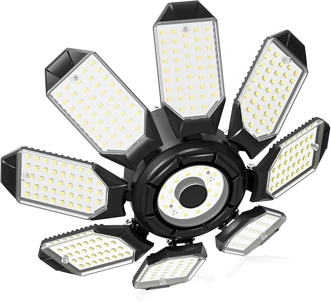 Adiding LED Garage Ceiling Lights 14000Lm w/ 8 Adjustable Panels, Super Bright Deformable Basement Light Bulb Fixture Screw in E26 Bulbs Socket for Indoor Shop, Workshop, Attic, Barn, Bay, Home Gym