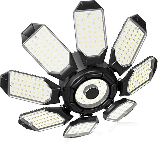 Adiding LED Garage Ceiling Lights 14000Lm w/ 8 Adjustable Panels, Super Bright Deformable Basement Light Bulb Fixture Screw in E26 Bulbs Socket for Indoor Shop, Workshop, Attic, Barn, Bay, Home Gym