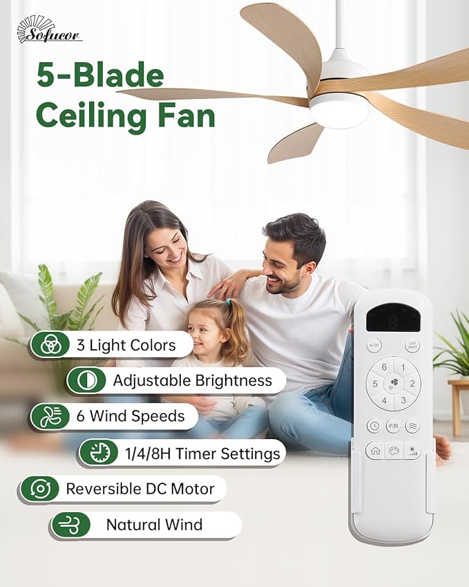 Sofucor 52 Inch Ceiling Fans with Lights and Remote, Outdoor Ceiling Fan with Light 6-Speed 3 CCT 3-Timer, Modern Low Profile Ceiling Fan 5 Blade Reversible DC Motor for Living Room Bedroom Patio