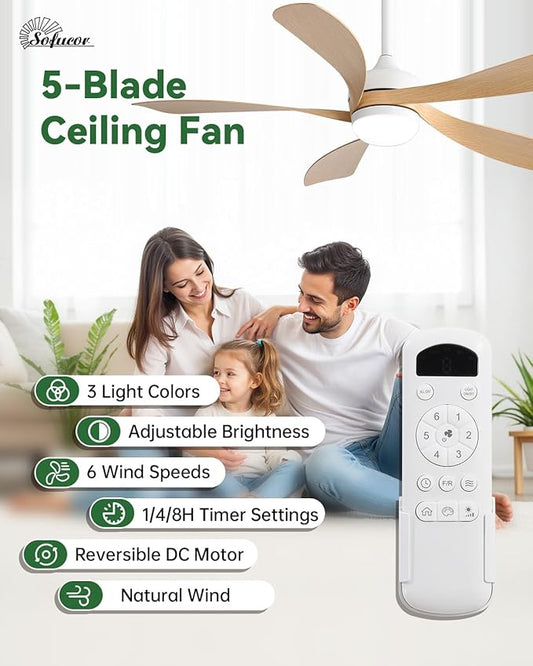 Sofucor 52 Inch Ceiling Fans with Lights and Remote, Outdoor Ceiling Fan with Light 6-Speed 3 CCT 3-Timer, Modern Low Profile Ceiling Fan 5 Blade Reversible DC Motor for Living Room Bedroom Patio