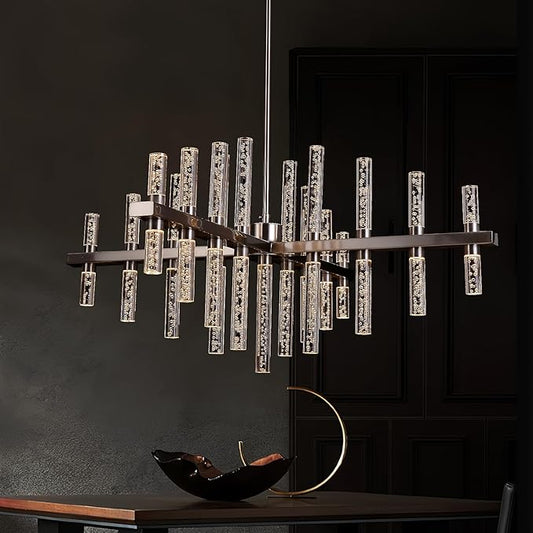 Modern Chandelier Lighting Led Pendant Lights Fixtures with Acrylic Shade Satin Nickel Island Chandeliers 33-Lihgts Contemporary Ceiling Dining Room Living Dimmable Warm White D31.5