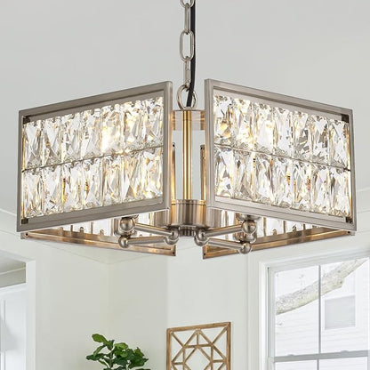 12” 4-Light Modern Crystal Chandeliers Nickel Dinning Room Light Fixture, Square Pendant Light Kitchen Island Chandelier, Flush Mount Ceiling Light for Living Room Entryway Bedroom Foyer