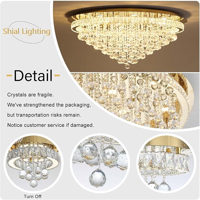 Dia 32" Modern Crystal Chandeliers for Dining Room,Gold Raindrop Chandelier Flush Mount Chandeliers for Living Room Bedrooms Dining Room Dimmable 2700k 4500k 6000k