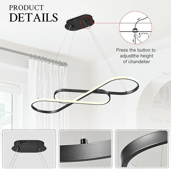 Modern LED Chandelier Black Dimmable LED Pendant Light for Dining Room Light Fixture Over Table Modern Kitchen Island Lighting High Ceiling with Remote for Living Room, 31.7 Inch