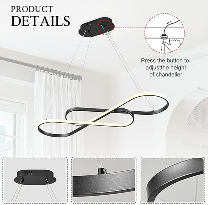 Modern LED Chandelier Black Dimmable LED Pendant Light for Dining Room Light Fixture Over Table Modern Kitchen Island Lighting High Ceiling with Remote for Living Room, 31.7 Inch