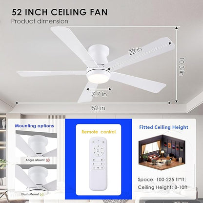 Hounberi 52" Flush Mount Ceiling Fan with Lights and Remote, Modern Black Low Profile Ceiling Fan, Quiet Reversible DC Motor, 3CCT Dimmable LED, Ideal for Bedroom, Kitchen and Low Ceilings, White