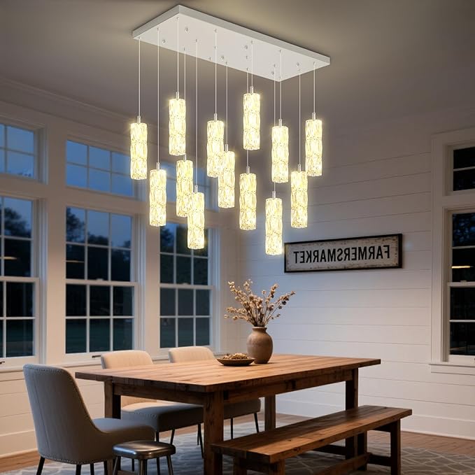 ykolupty Modern Rectangular Chandelier 16-Lights Crystal Chandeliers LED Dimmable Silver Linear Chandelier Flush Mount Crystal Pendant Light for Living Room Dining Room Foyer
